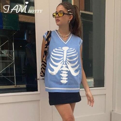Knitted y2k Sweater Vest Women Breastbone Pullovers V-neck Knitwear Harajuku Oversized Loose Knit Camisole Jumper New Iamhotty