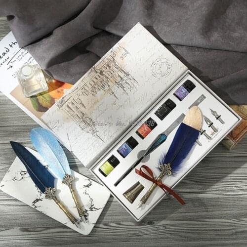 1set Retro Vintage Calligraphy Feather Dip Pen Writing Ink Set Stationery Quill Fountain Pens Creative Vintage Pen Whosale