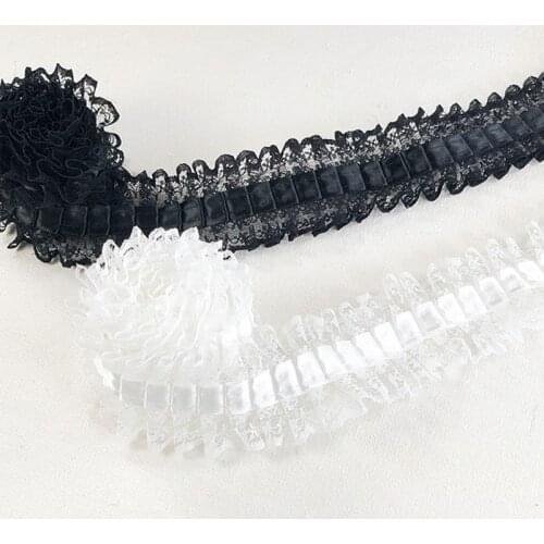 1Yards Latest Best Seller Pleated Lace Fabric White Black Lace Ribbon Collar 4cm Voile Laces Trim Sewing Applique Guipure ER10
