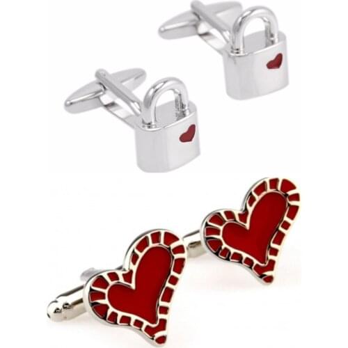 10pairs/lot Silver Love Lock Cufflinks Red Hearts Enamel Cuff Links Lovers Gift Mens Jewelry Wholesale