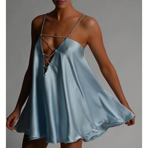 2021 Star Fashion New Leisure Nightclub Party Loose Large Size Crystal Diamond Chain Sling Sexy V-neck Open Back Satin Dress L07