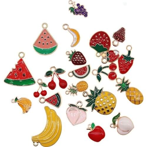 30pcs/lot Cute Fruit Series Mixed Enamel Watermelon Peach Cherry Apple Pineapple Strawberry Banana Grape Pineapple Avocado Charm