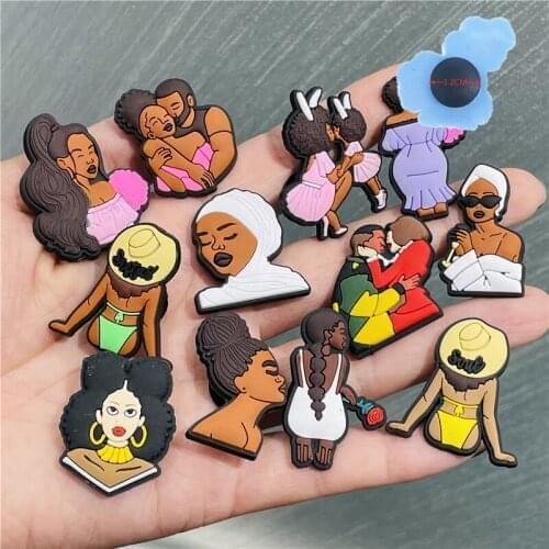 50pcs Wholesale Mix Sexy Black Girl PVC Shoes Accessories Fashipn Garden Shoe Decorations Fit Kids Croc Jibz Charm
