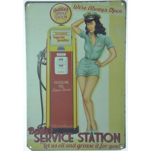 Betty Gas Pump Motor Oil Grease Service Station Vintage Metal Tin Signs Rustic Pin Up Poster Plaque Pub Wall Decor