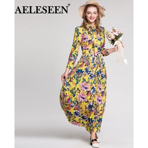 Boho Holiday Newest Women Dresses European Full Sleeve Bow Fashion 2018 Floral Dress Summer Yellow Pleated Print Long Dress