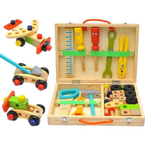 Kids Wooden Simulation Tool Toy DIY Cartoon Toolbox Multi-function Nut Toolbox Simulation Repair Tool Pretend Play Educational