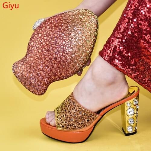 Doershow new Shoes and Bag Set African Sets 2019orange Color Italian Shoe Bag Set Decorated with Rhinestone High Quality!!HKJ1-4