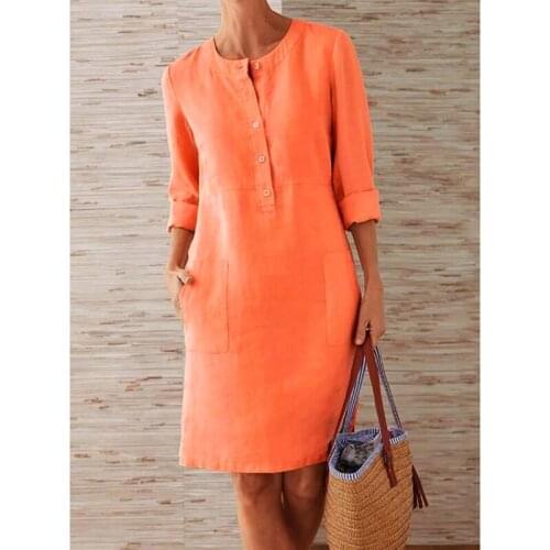 Elegant Dress Long Sleeve for Women Fashion Button Party Sundress Round Neck with Solid Color Pockets Office Spring Autumn