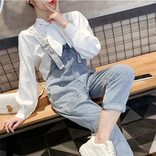 Womens bib spring and autumn clothing new net red loose age reduction was thin denim high waist nine points jumpsuit