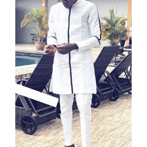 Black Cloth Strip Patchwork Mens Tops+Solid White Trousers Set Clothing African Fashion Male Pant Suits Wedding Party Outfits
