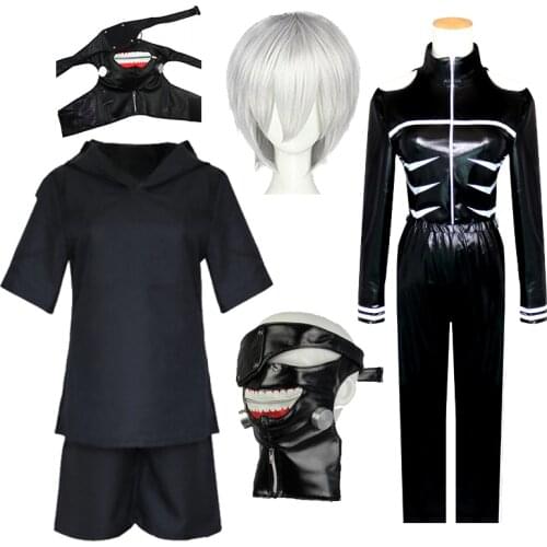 Anime Tokyo Ghoul Haise Sasaki Cosplay Costumes Kaneki Ken Whole Leather Coat+Pants+Jacket+Shorts Mask Wig Black Fight Uniform