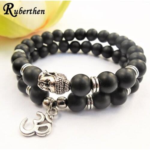 Ruberthen Matte Black Onyx Bracelet Set Natural Stone Energy Bracelet Matching Buddha Om Charm Yoga Gift Jewelry