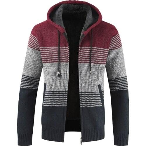 Sweater Coat Men 2020 Winter Thick Warm Hooded Cardigan Jumpers Men Striped Wool Liner Zipper Fleece Coats Men