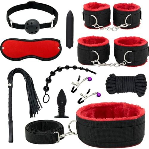 Sexy Leather BDSM Kits Plush Sex Bondage Set Handcuffs Sex Games Whip Gag Nipple Clamps Sex Toys For Couples Exotic Accessories