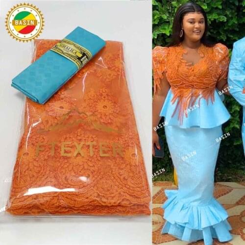 Sky Blue And Orange Net Tulle Lace With Sequins Soft Shiny Bazin Riche Fabric For Wedding Party Dresses Net Tulle Lace Materials