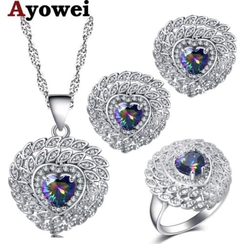 Ayowei Office heart-shaped multicolor zircon silver Earrings Necklace pendant Rings Jewelry Sets USA size #6#7#8#9#10 JS721A