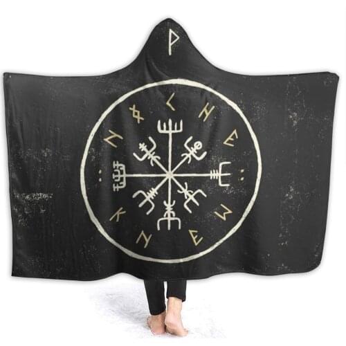 Portable warm flannel A Genuine Vegsvir Runes Hooded Blanket Viking Runes blankets for Sofa Sherpa Fleece Bedspread Wrap