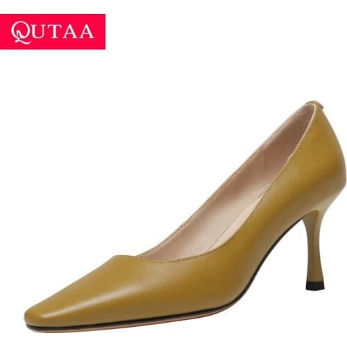 QUTAA 2021 Thin High Heel Shallow Spring Basic Women Shoes Slip On Concise Stilettos Cow Leather Ladies Pumps Size 34-39