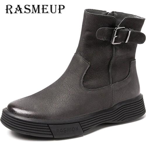 RASMEUP Genuine Leather Casual Boots Women Winter Shoes Trendy Women Fretwork Riding Boots Lace Up Retro Boots Gift Hight End