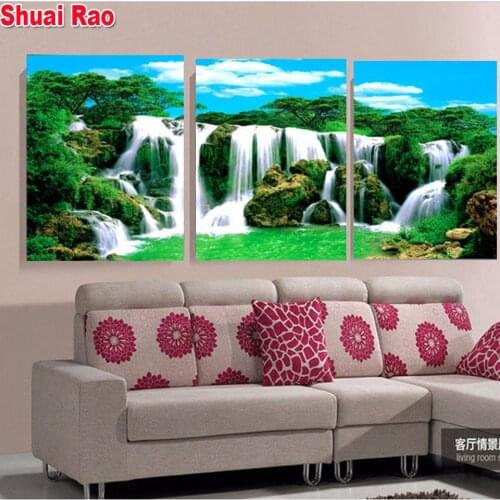 Triptych Waterfall landscape diamond embroidery round diamond painting full square drill 5d diy mosaic diamond handwork home art