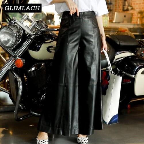 Plus Size 4XL Women Baggy Real Leather Wide Leg Pants Spring New High Waist Soft Sheepskin Casual Loose Female Leather Trousers