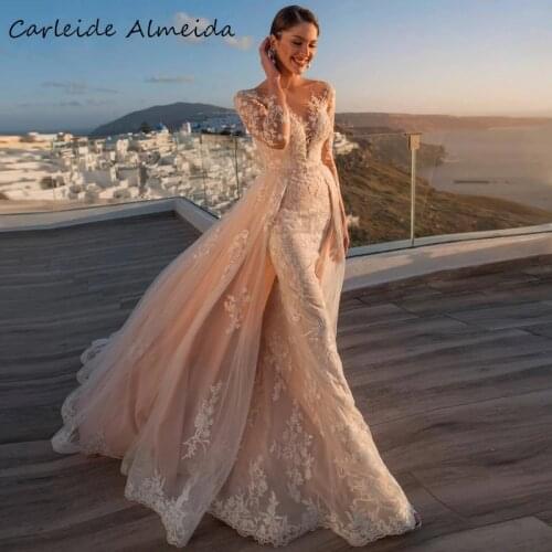 Scoop Neck Long Sleeves Mermaid Wedding Dresses with Detachable Skirt 2 in 1 Luxury Wedding Dress 2021 Women Bride Dress