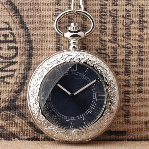 10pcs/lot Steampunk Classic Silver Analog Hand Wind Transparent Glass Mechanical Pocket Watch Roman Dial Watches wholesale