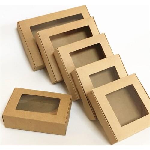 10pcs/lot Multi-size Retro Paper Kraft Square Gift Box Handmade Soap Candy Packaing With Window Aircraft Boxes