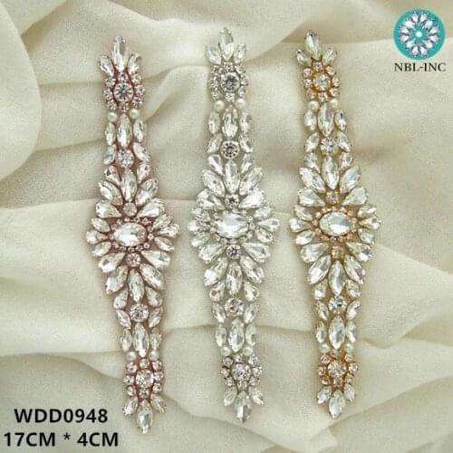 30pcs) Wholesale beaded sewing silver rose gold clear rhinestone applique patch iron on for wedding dresses WDD0948