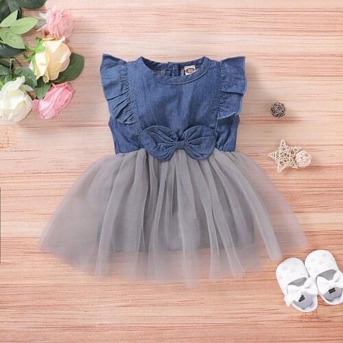40# Платье 2021 Summer Dress Toddler Baby Girls Childrens Sleeveless Bowknot Pure Color Denim Stitching Mesh Princess Dress