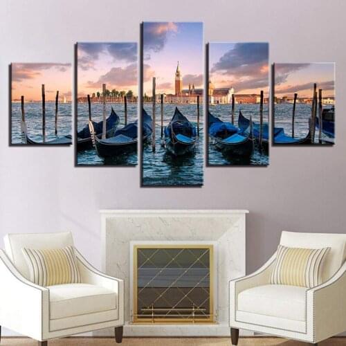 Home Decoration Painting 5Pcs Boat Sea View Seaside City Modular Canvas Painting Sunset View Living Room Bedroom Wall Decoration