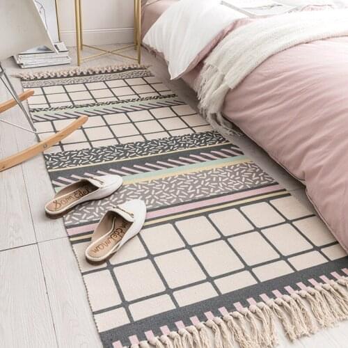 50% Cotton and 50% Linen Tassel Woven Carpet Floor Mat Door Bedroom Tapestry Decorative Blanket Tea Living Room Carpet Area Rug