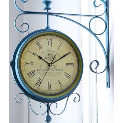 American country metal decorative double-sided wall clock retro silent living room hanging watch fresh rural shop timepiece