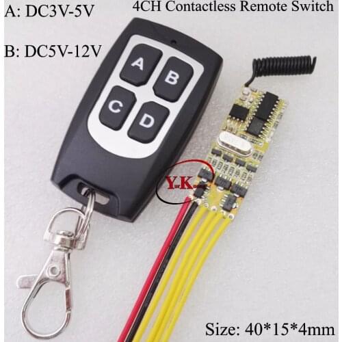 MOS Contactless Remote Switch DC3V 3.3V 3.6V 3.7V 4.5V 6V 7.4V 9V 12V 4CH Wireless Remote Switch 1A Output 4CH VCC + 433MHZ ASK