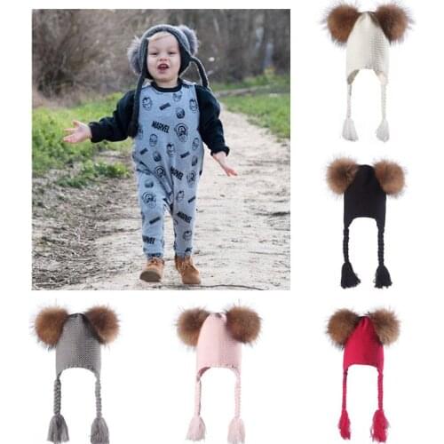 Baby Kids Beanie Real Fur Pompom Hat For Children Warm Wool Knitted Earflap Cap