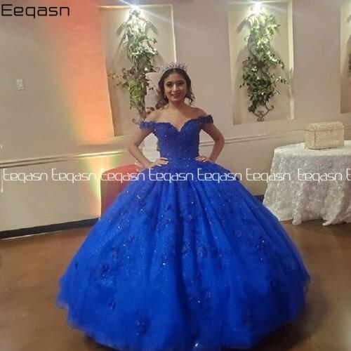 Eeqasn Fashion Royal Blue Sparkly Quinceanera Dresses 2021 Off Shoulder Lace Flower Applique Ball Gown Formal Prom Dress