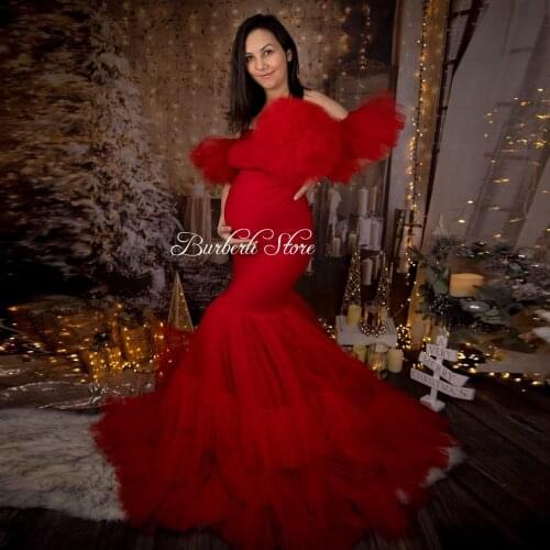 Trendy Red Tulle Mermaid Pregnant Women Dress Fluffy Half Sleeves Tiered Tulle Long Maternity Gowns To Photography Night Gowns