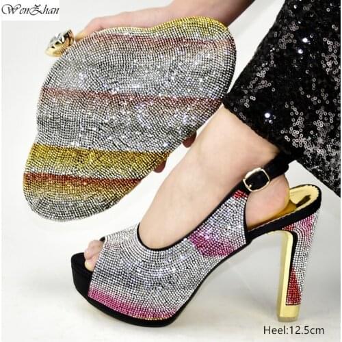 New Black Color Fashion Italian Shoes With Matching Clutch Bag Hot African Big Party High Heel Sandals And Bag set 37-42 D912-27
