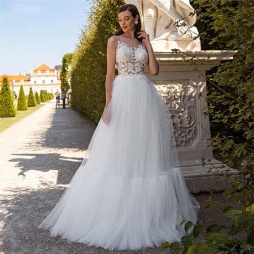 Sexy Spaghetti Strips A-Ling Princess Wedding Dresses With Lace Appliques Pleated Tulle Skirt Bridal Gowns Spring Robe De Mariee