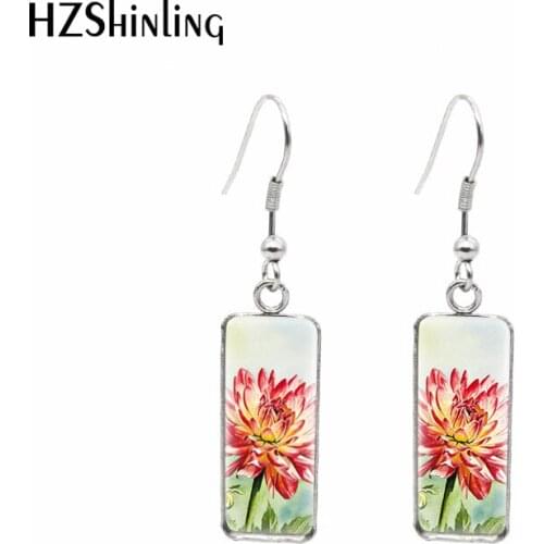 2021 New Dahlia Flower Rectangular Earring Dahlias Painting Fish Hook Earrings Glass Cabochon Handmade Jewelry