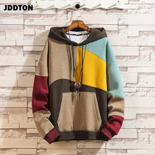 JDDTON Mens Patchwork Hooded Sweatshirt Hoodies Clothing Casual Loose Warm Streetwear Male Fashion Autumn Winter Outwear JE221