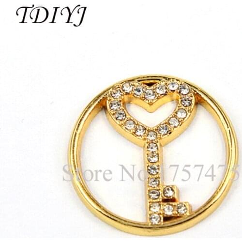 TDIYJ Wholesale Fashion 22mm Gold Heart Key Window Plates Floating Charms for Memory Locket as Mothers Day Gifts 10pcs/lot