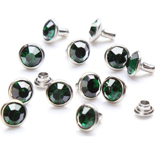 100Sets 6mm&8mm Emerald Crystal Rhinestone Rivets Studs Silver Metal Base for Clothing Bag Leathercraft Rivet