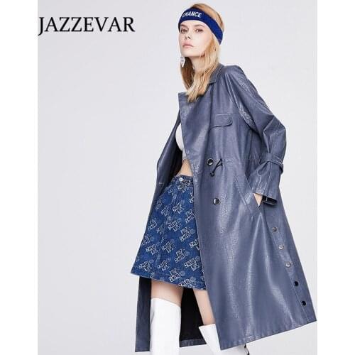 JAZZEVAR Womens leather jacket autumn/winter 2021 new double-breasted over-the-knee long coat loose windbreaker