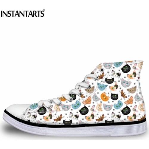 INSTANTARTS Cute Cartoon Cat Printing High-top Vulcanize Shoes for Women Fashion Lace-up Canvas Shoes Ladies Casual Flat Shoes