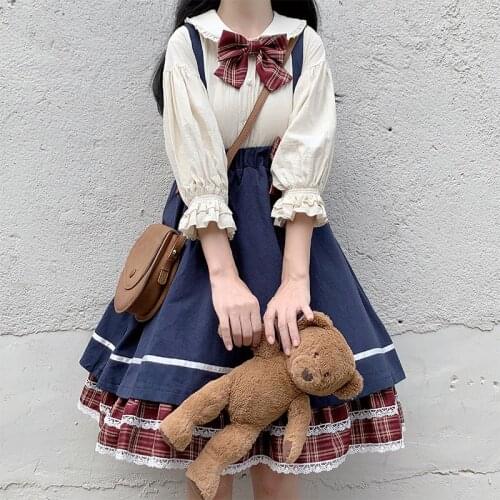 Anbenser Japanese College Style 2-Piece Set Women Sweet Cute Kawaii Girl Bow Stitching Sling Girl Doll Collar Top Lolita Dress