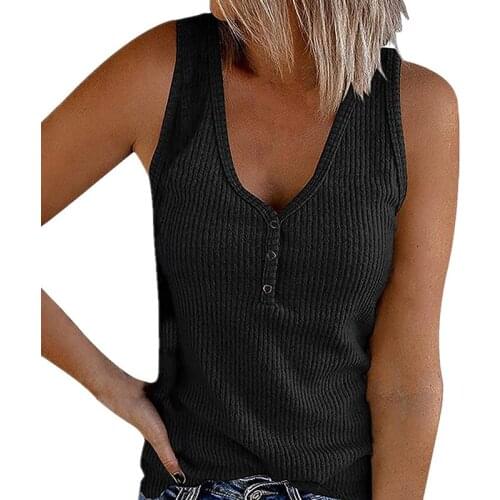 Womens Button Vest V-neck Solid Color Sleeveless T-Shirt Top Perfect Matching Skirt Trousers Shorts for Summer HSJ88