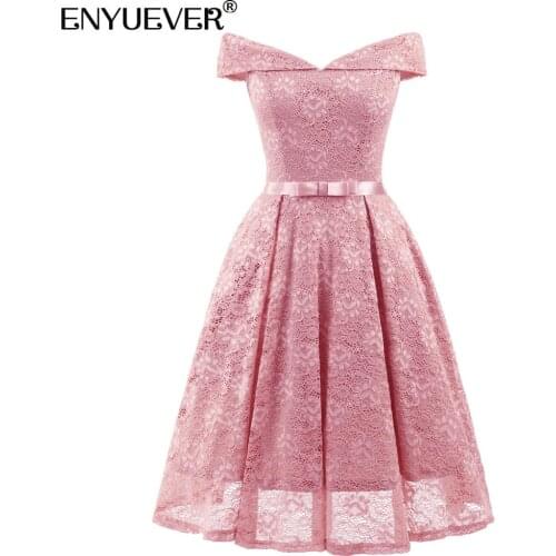 Enyuever Elegant Pink Lace Dress For Women Party Clothing V Neck Off The Shoulder Midi Swing Short Evening Formal Dress Vestidos