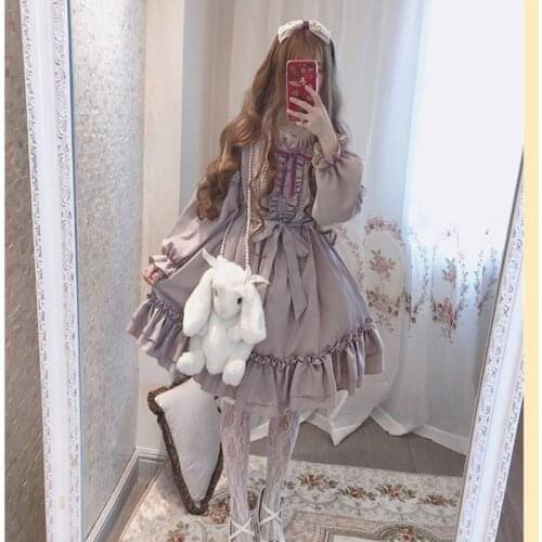 Fashion Women Sweet Lovly Lolita Clothes Kawaii Dress Cute Japanese Lolita Style Ruffle Dress Vintage Puff Sleeve Sweet Lavender