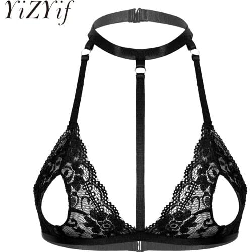 Womens Ladies Hot Sexy Bra See-through Lace Unlined Wireless Bra Tops Halter Neck Strappy Hollow Out Nipples Lingerie Brassiere